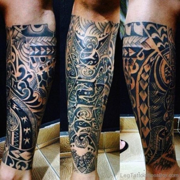 Elegant Maori Tribal Tattoo On Leg