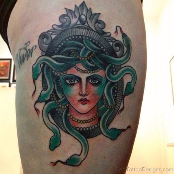 Elegant Medusa Tattoo On Thigh