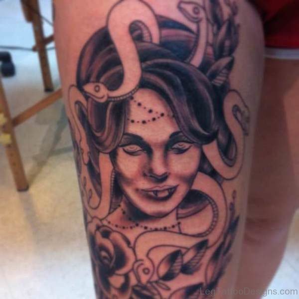 Evil Medusa Tattoo On Thigh