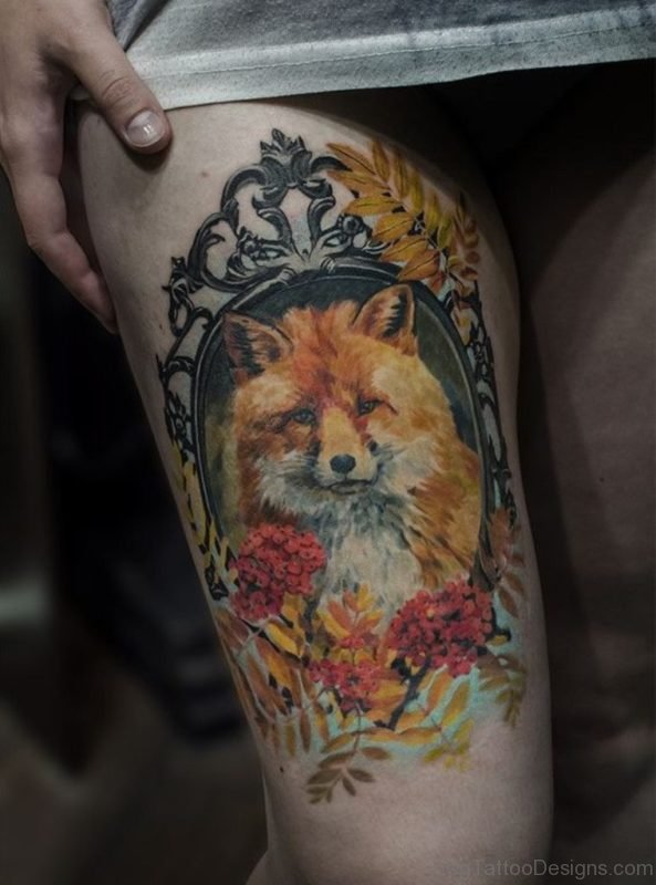 Excellent Fox Tattoo On Thigh