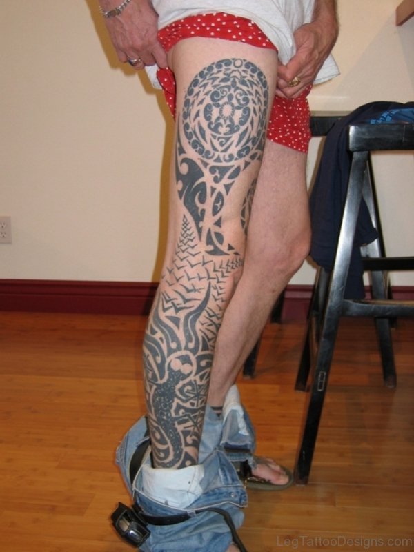 Excellent Tribal Leg Tattoo
