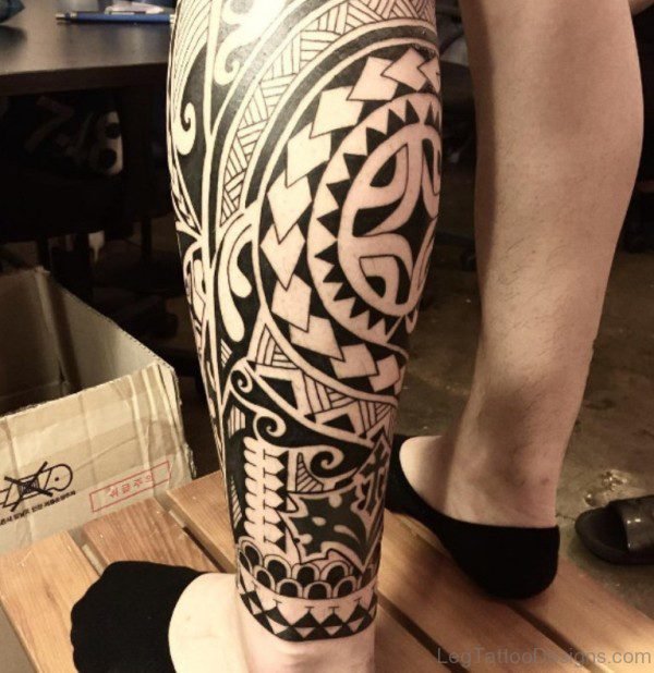Excellent Tribal Tattoo Design On Leg