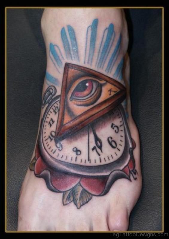 Eye And Clock Tattoo On Foot