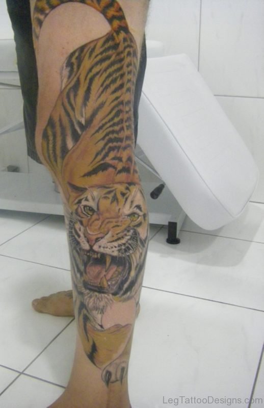 Fancy Tiger Tattoo On Leg