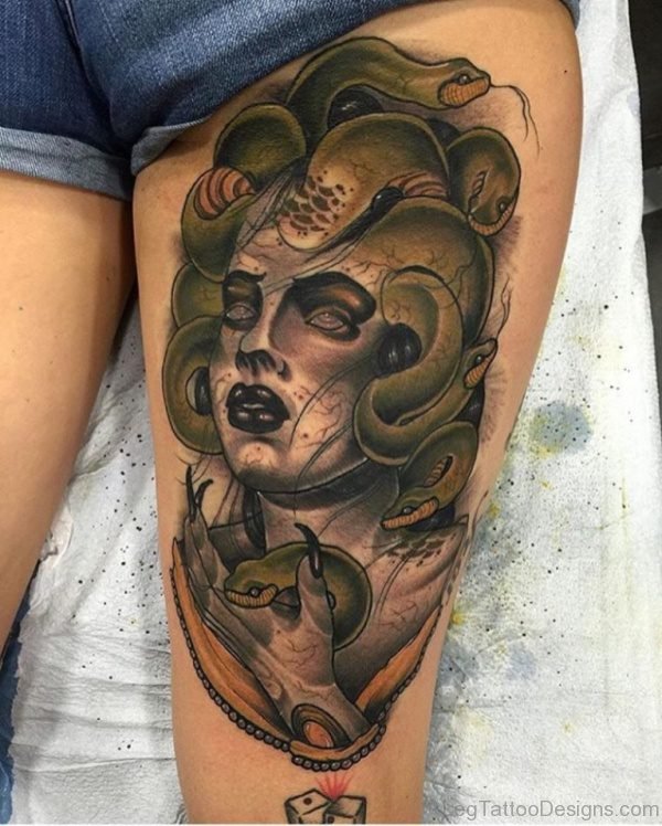 Fantastic Medusa Tattoo on Thigh