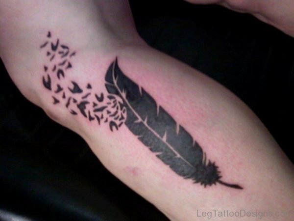 Feather And Bird Tattoo On Leg