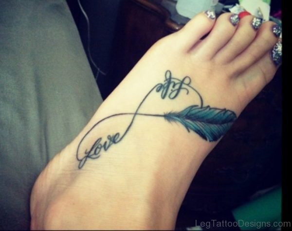 Feather And Love Life Infinity Tattoo On Foot