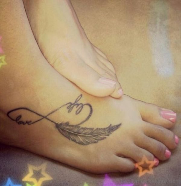 Feather Love Life Infinity Tattoo On Foot