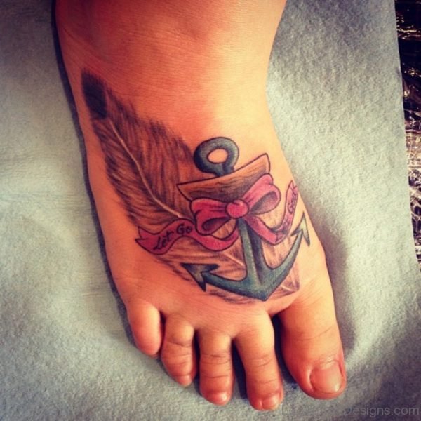 Feather n Bow Anchor Tattoo On Foot