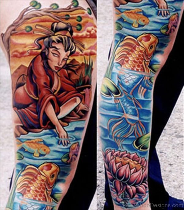 Fish And Geisha Tattoo on The Leg