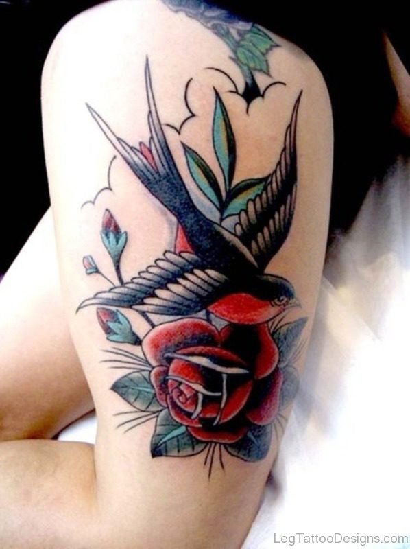 Flower And Swallow Tattoo On Thigh