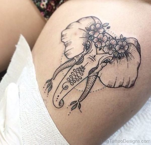 Flower Elephant Tattoo On Thigh