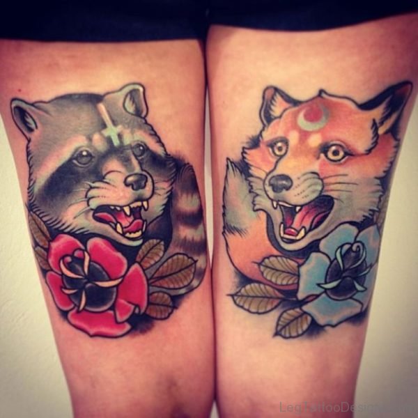 Flowers And Bear and Fox Head Tattoo On Both Thigh
