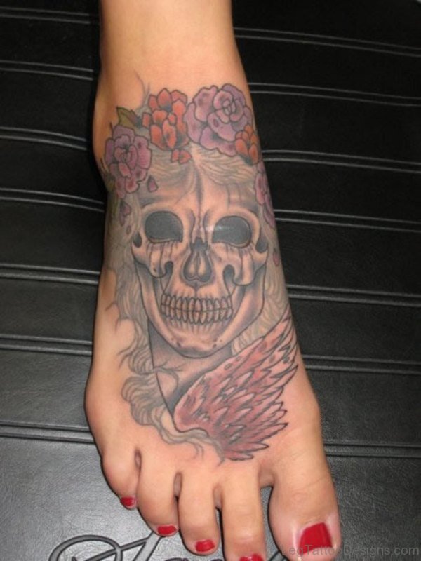 Flowers And Death Skull Tattoo On Foot