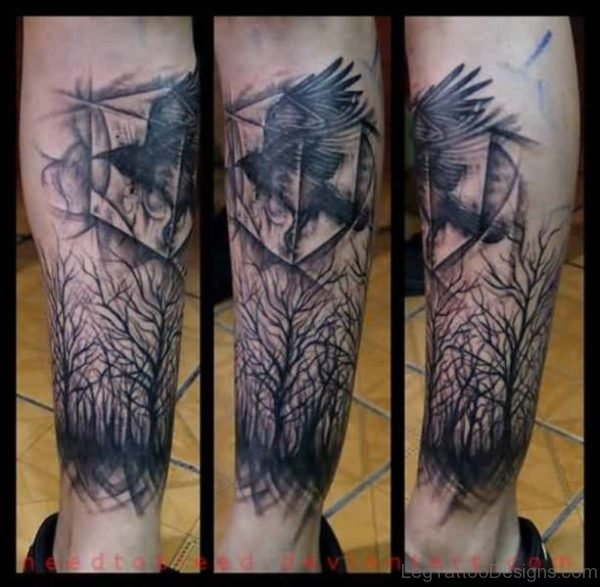 Flying Crow And Tree Leg Tattoos