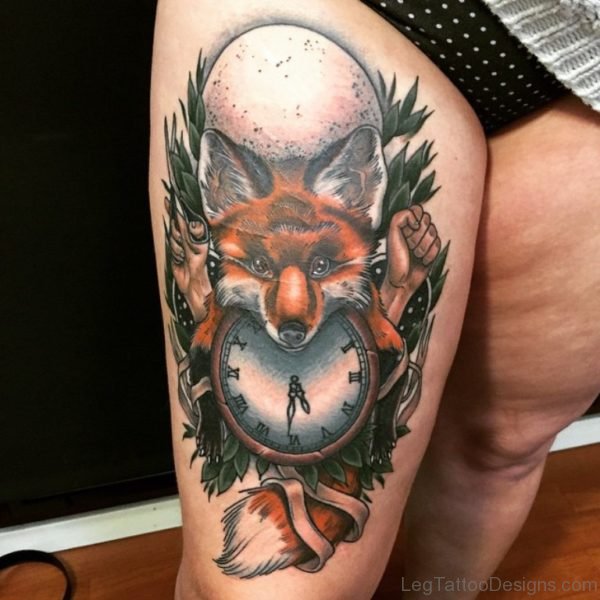 Fox And Clock Tattoo On Thigh
