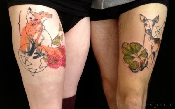 Fox And Deer Tattoo On Thigh