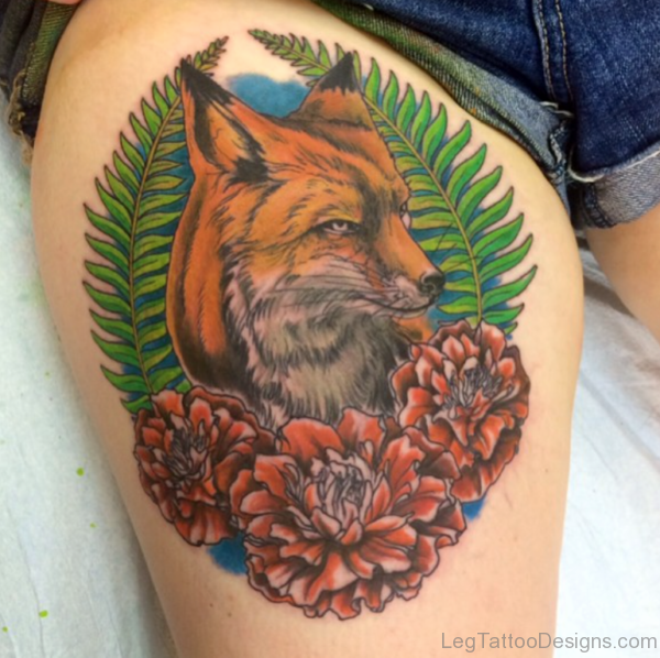 Fox And Leaf Tattoo On Thigh