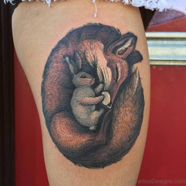 Fox And Rabbit Tattoo On Thigh