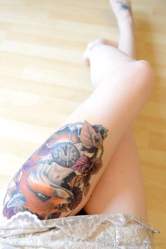 Fox Clock Leaf Tattoo On Left Thigh For Girls