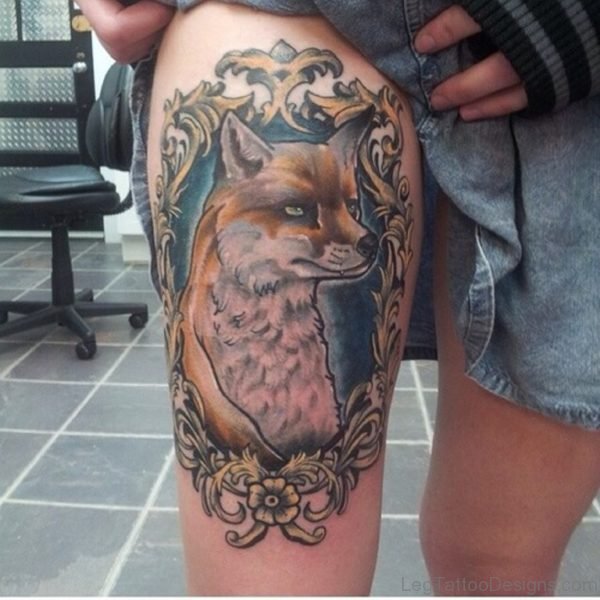 Fox Portrait Tattoo On Girl Right Thigh