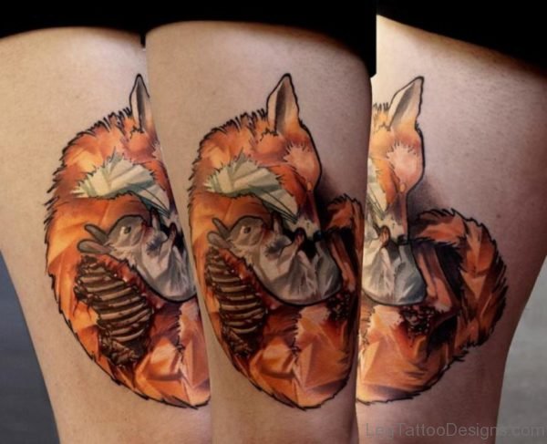 Fox Rabbit Tattoos On Thigh
