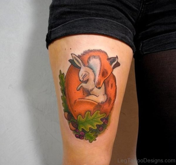 Fox Tatttoo On Thigh