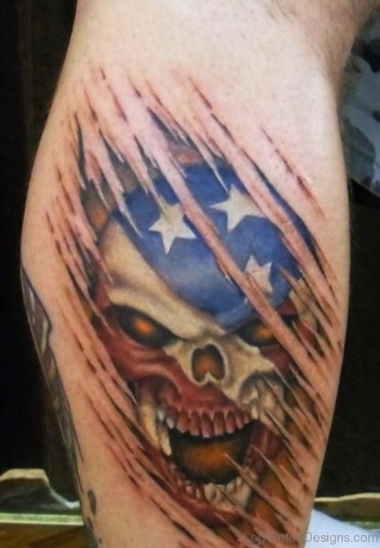 Frank American Flag Skull Tattoo On Leg