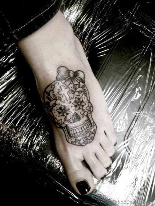 Funky Color Ink Sugar Skull Tattoos On Feet
