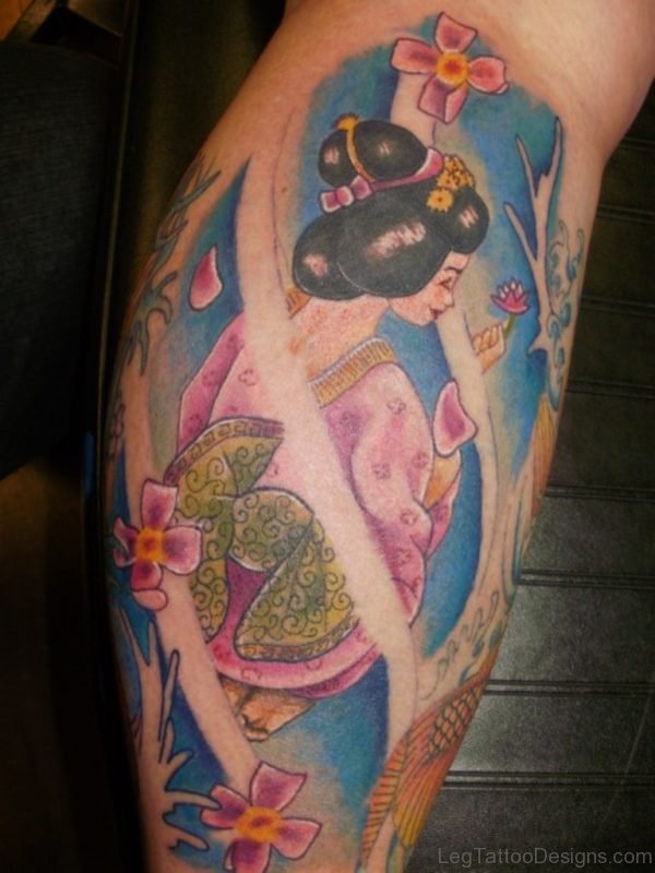 Funky Geisha Tattoo On Leg