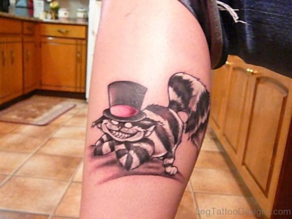 Funny Cat Designer Tattoo On Leg