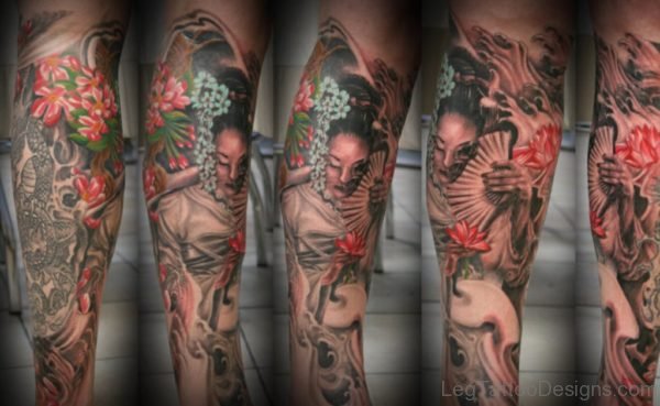 Geisha Skull With Fan Tattoo Design