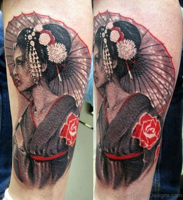 Geisha Tattoo On Leg Of Girl