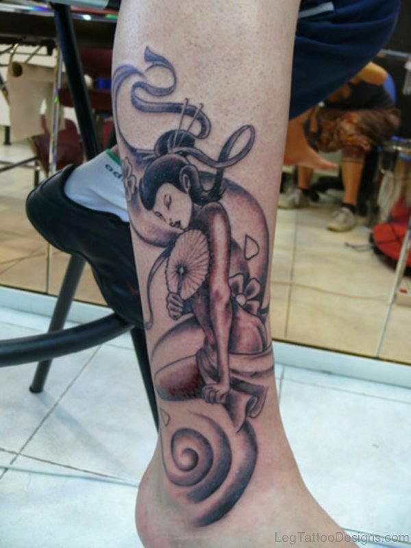 Geisha Tattoo On Right Lower Leg