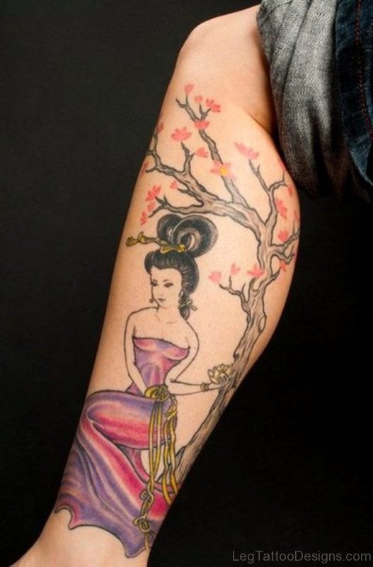 Geisha n Cherry Blossoms Tattoo On Leg