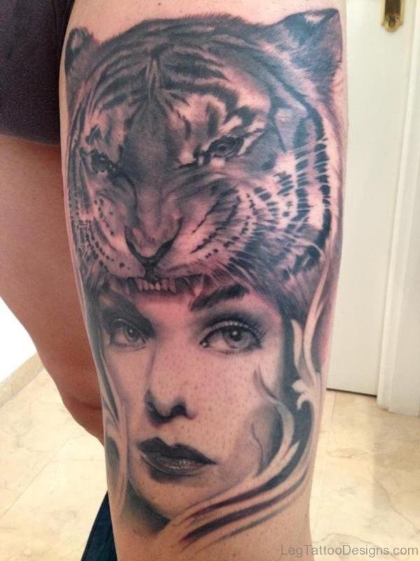 Girl Face And Tiger Tattoo
