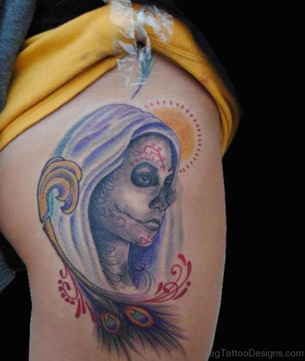 Girl Face Tattoo On Thigh 