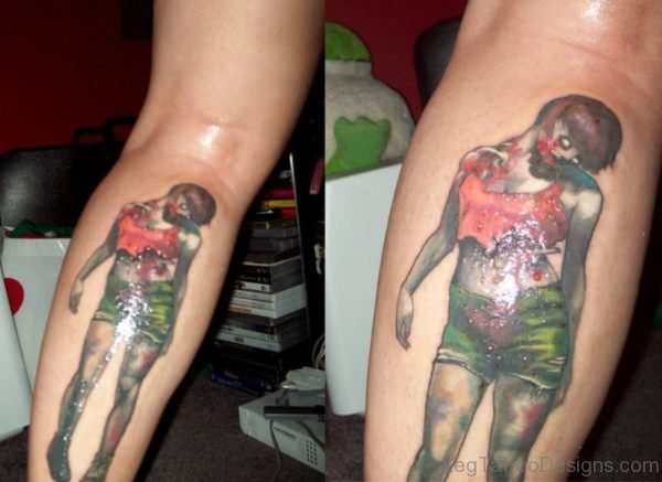 Glowing Zombie In Sexy Dress Tattoo On Leg
