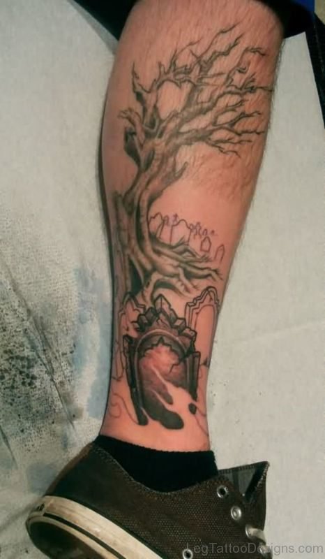 Graveyard Tree Tattoo On Leg