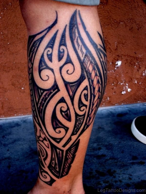 Great Tribal Tattoo On Leg 