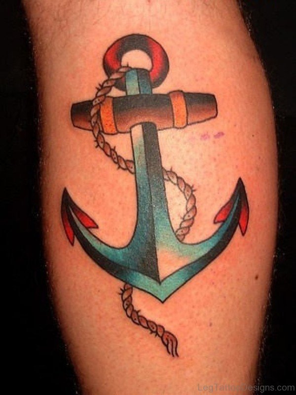 Green Anchor Tattoo On Leg