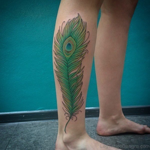 Green Peacock Feather Tattoo On Leg