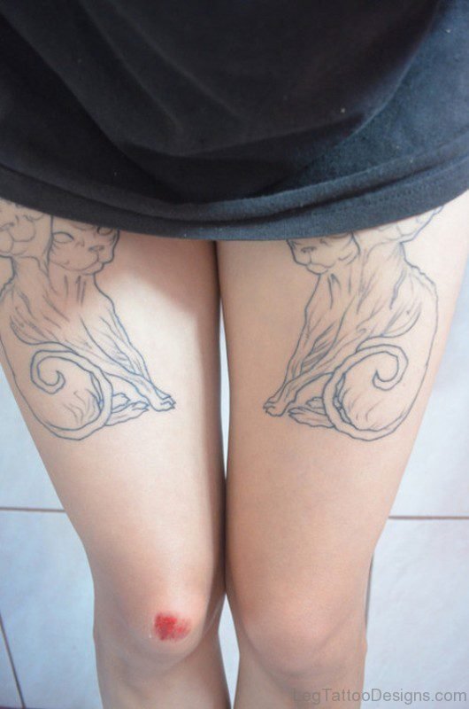 Grey Cat Tattoo On Thigh