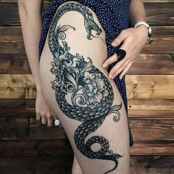 Grey Flower And Snake Tattoo