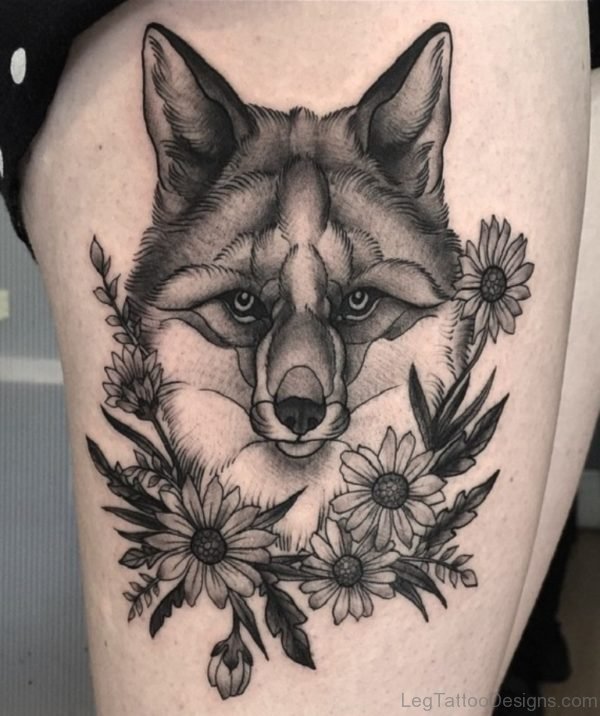 Grey Flowers And Fox Tattoo