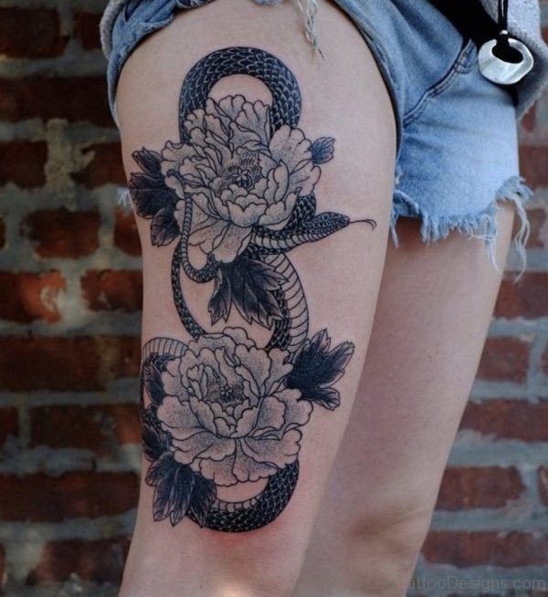 Grey Flowers And Snake Tattoo