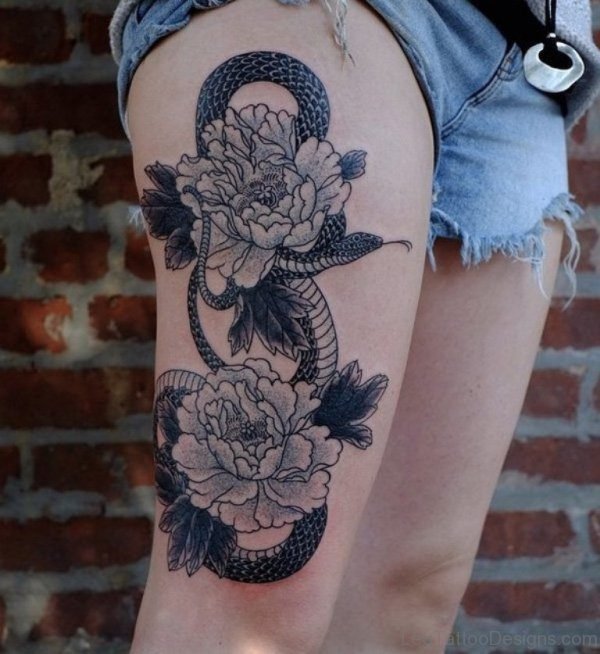 Grey Flowers And Snake Tattoo