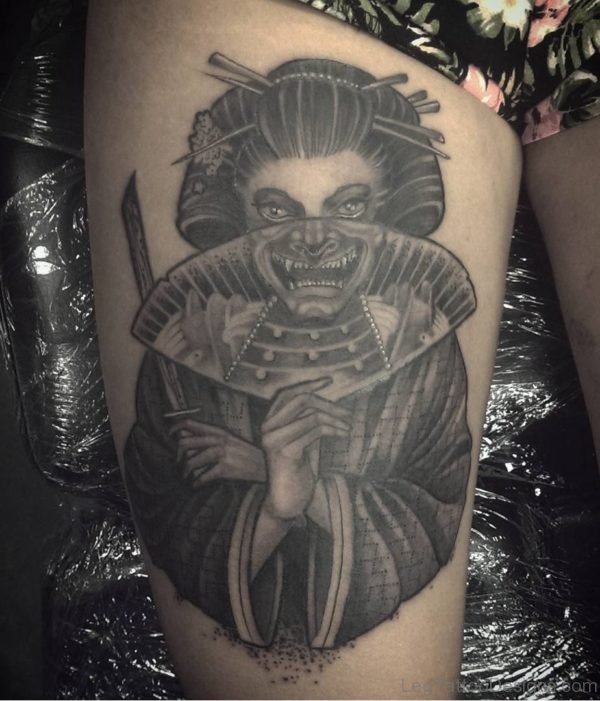 Grey Geisha Tattoo On Thigh