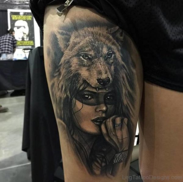 Grey Girl Face And Fox Tattoo