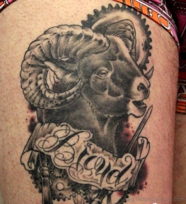Grey Ink Aries Thigh Tattoo